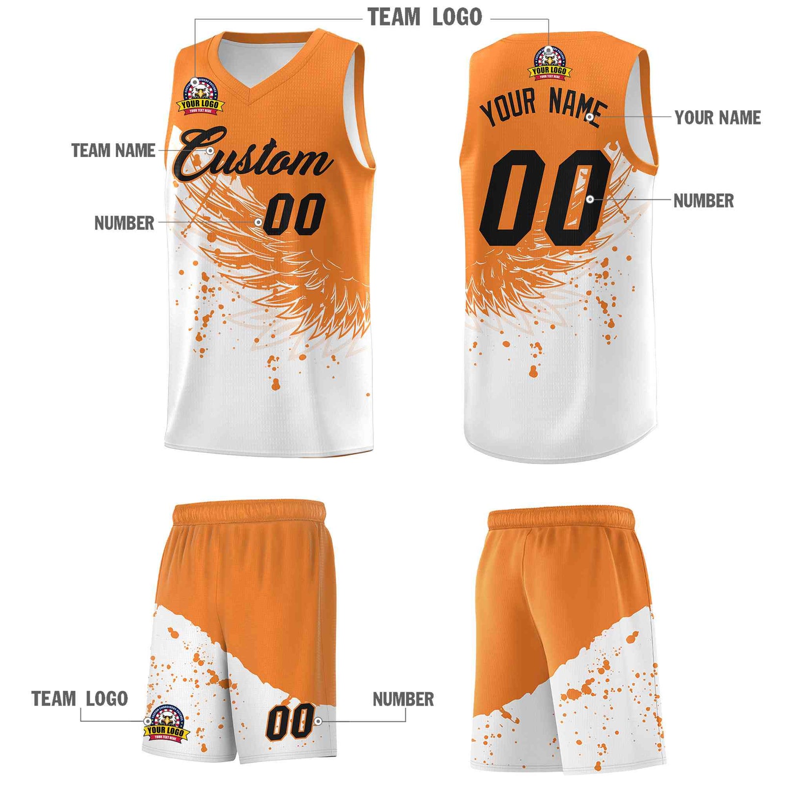 Custom White Gold Orange Wing Pattern Sports Uniform Basketball Jersey