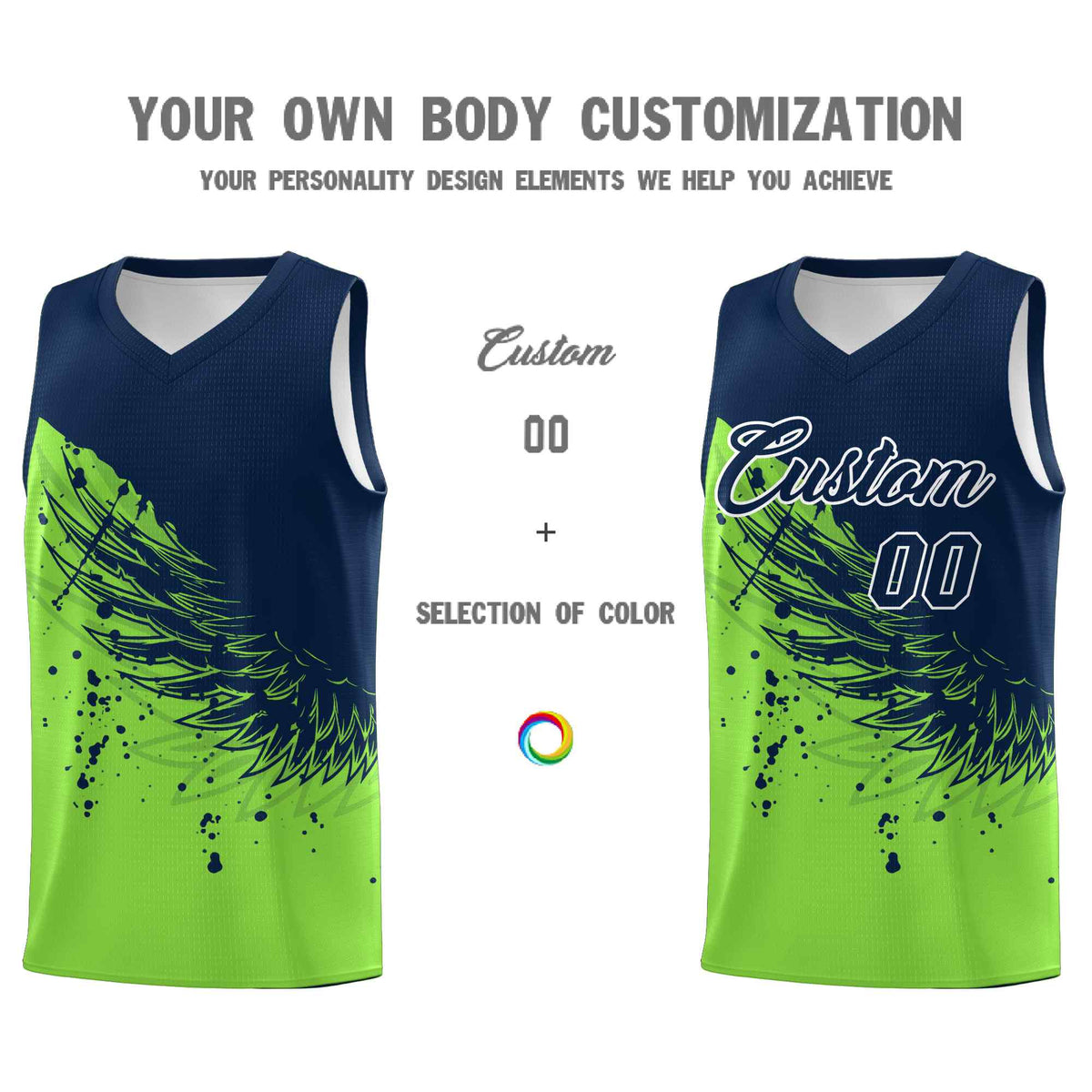 Custom Fluorescent Green Navy Wing Pattern Sports Uniform Basketball Jersey| KXKSHOP