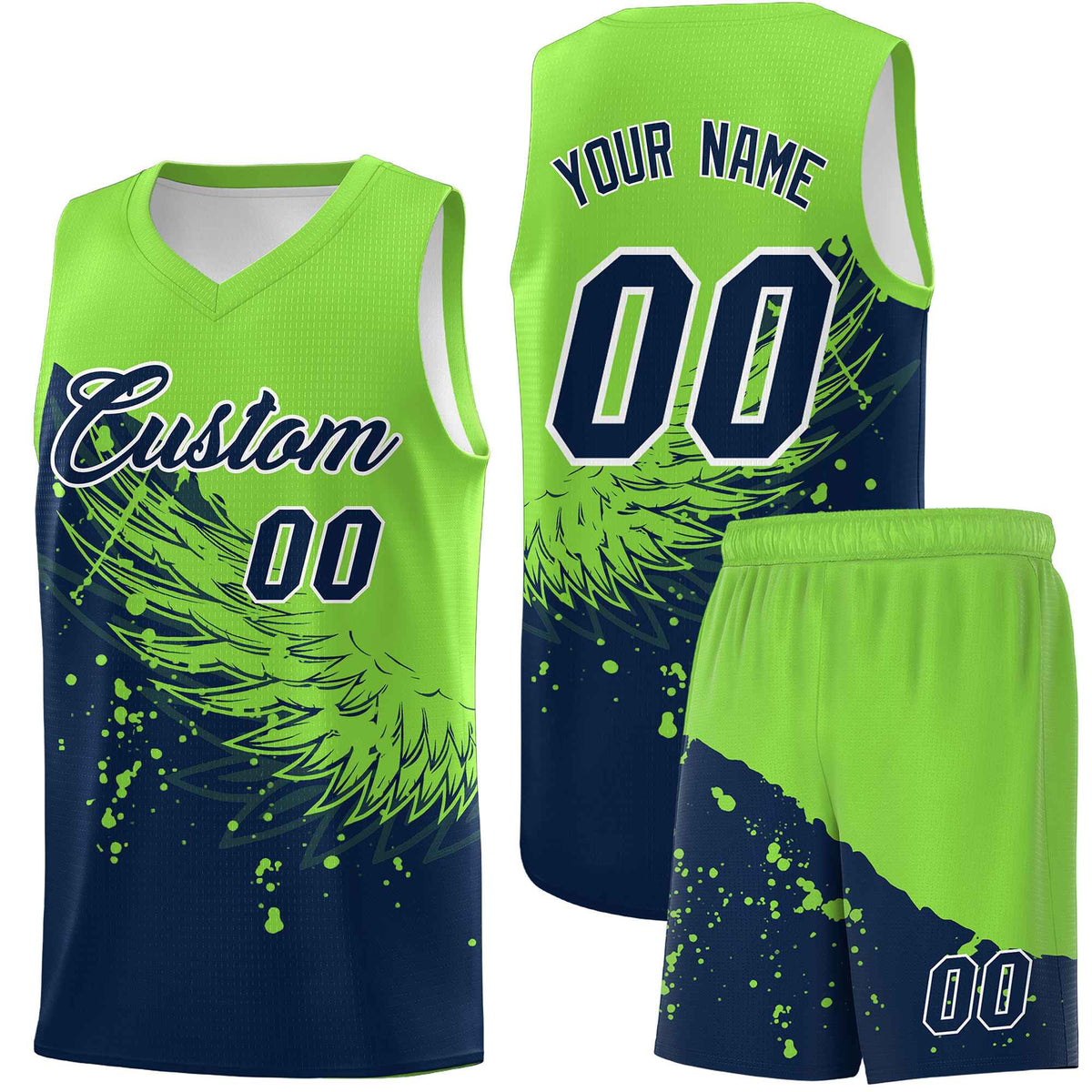 Custom Navy Fluorescent Green Wing Pattern Sports Uniform Basketball Jersey| KXKSHOP