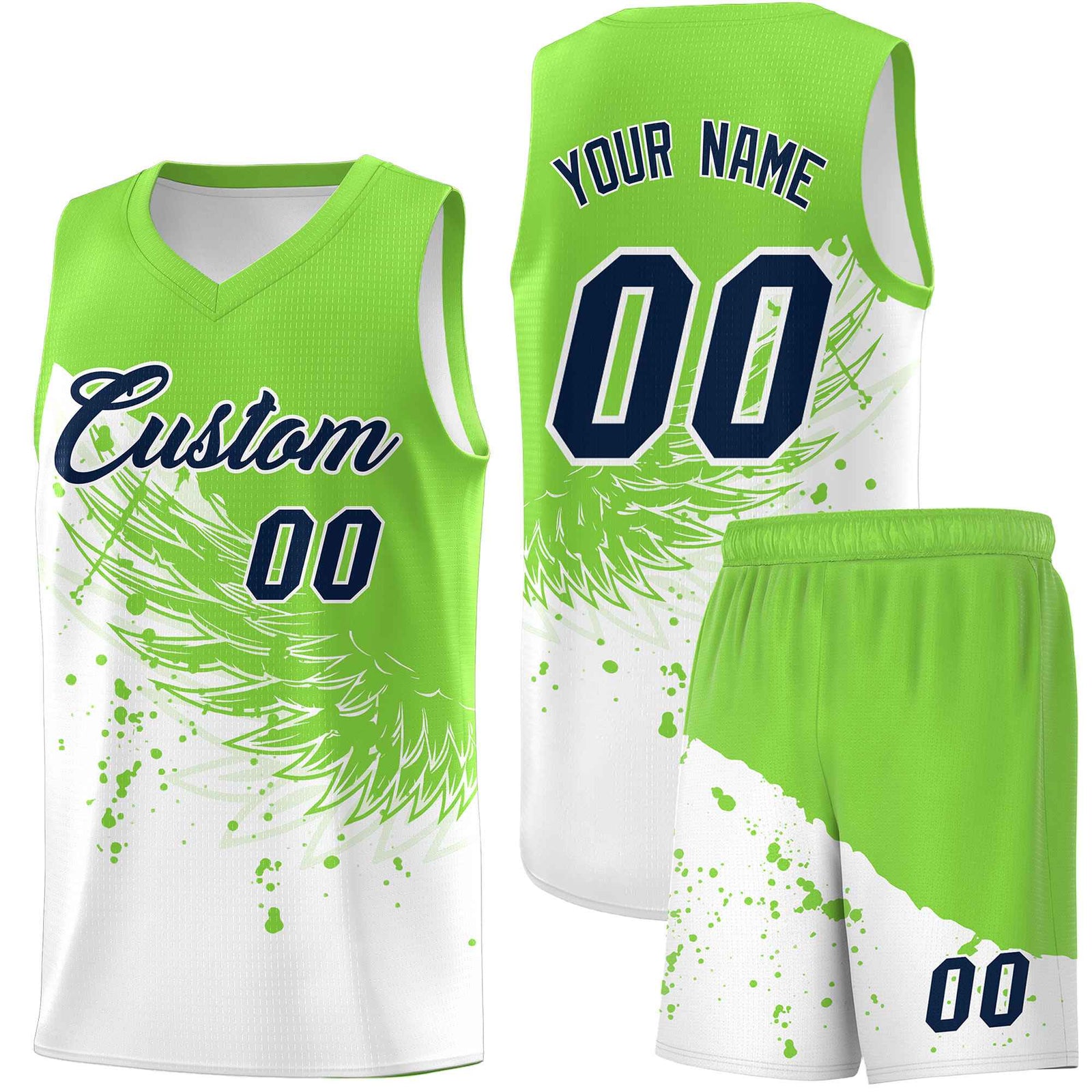 Custom White Fluorescent Green Wing Pattern Sports Uniform Basketball Jersey| KXKSHOP