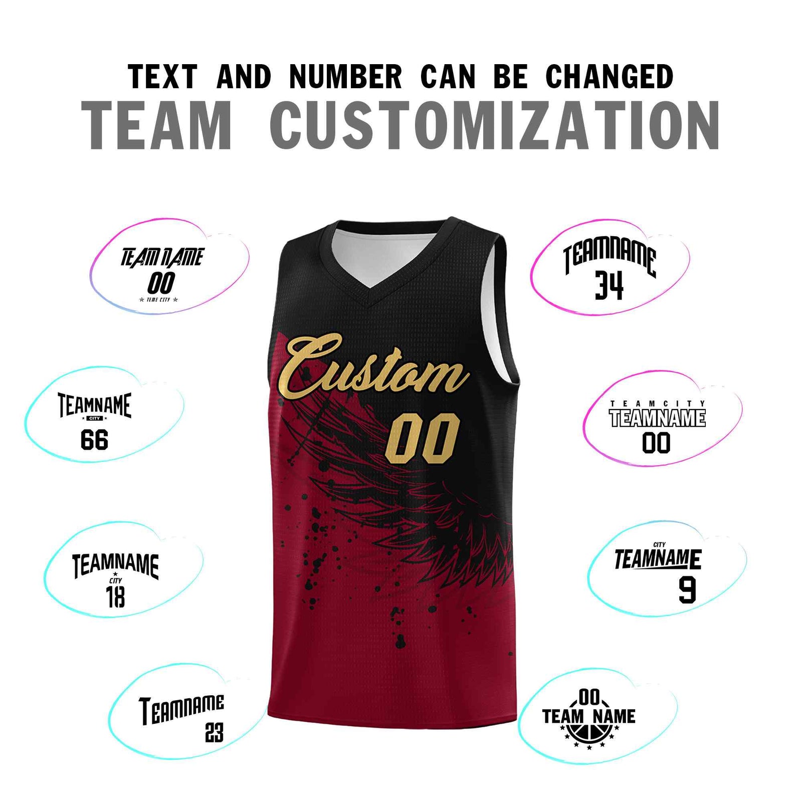Custom Crimson Black Wing Pattern Sports Uniform Basketball Jersey| KXKSHOP