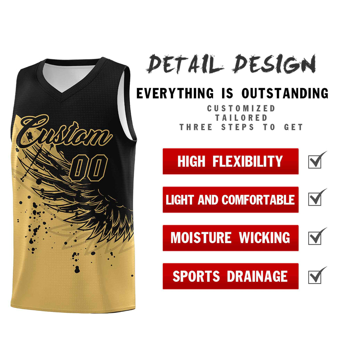 Custom Old Gold Black Wing Pattern Sports Uniform Basketball Jersey| KXKSHOP