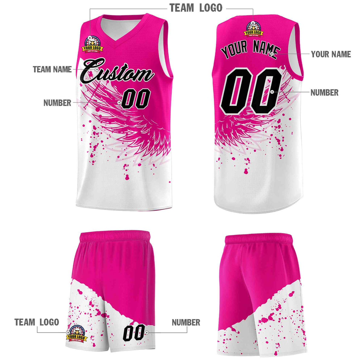 Custom White Pink Wing Pattern Sports Uniform Basketball Jersey| KXKSHOP