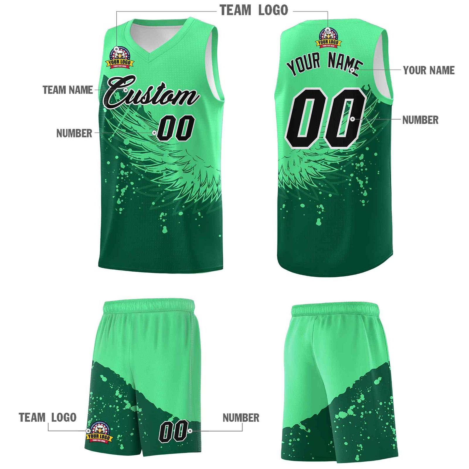 Custom Kelly Green Green Wing Pattern Sports Uniform Basketball Jersey