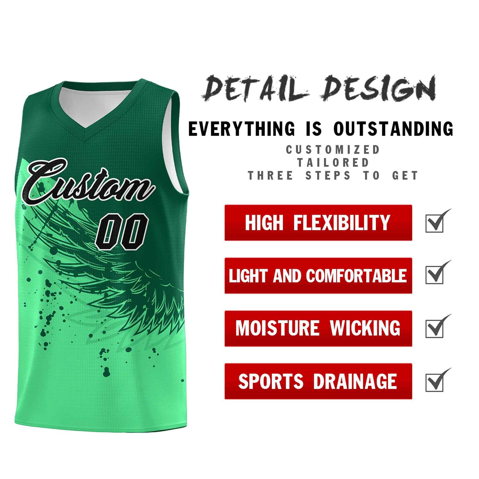 Custom Green Kelly Green Wing Pattern Sports Uniform Basketball Jersey| KXKSHOP