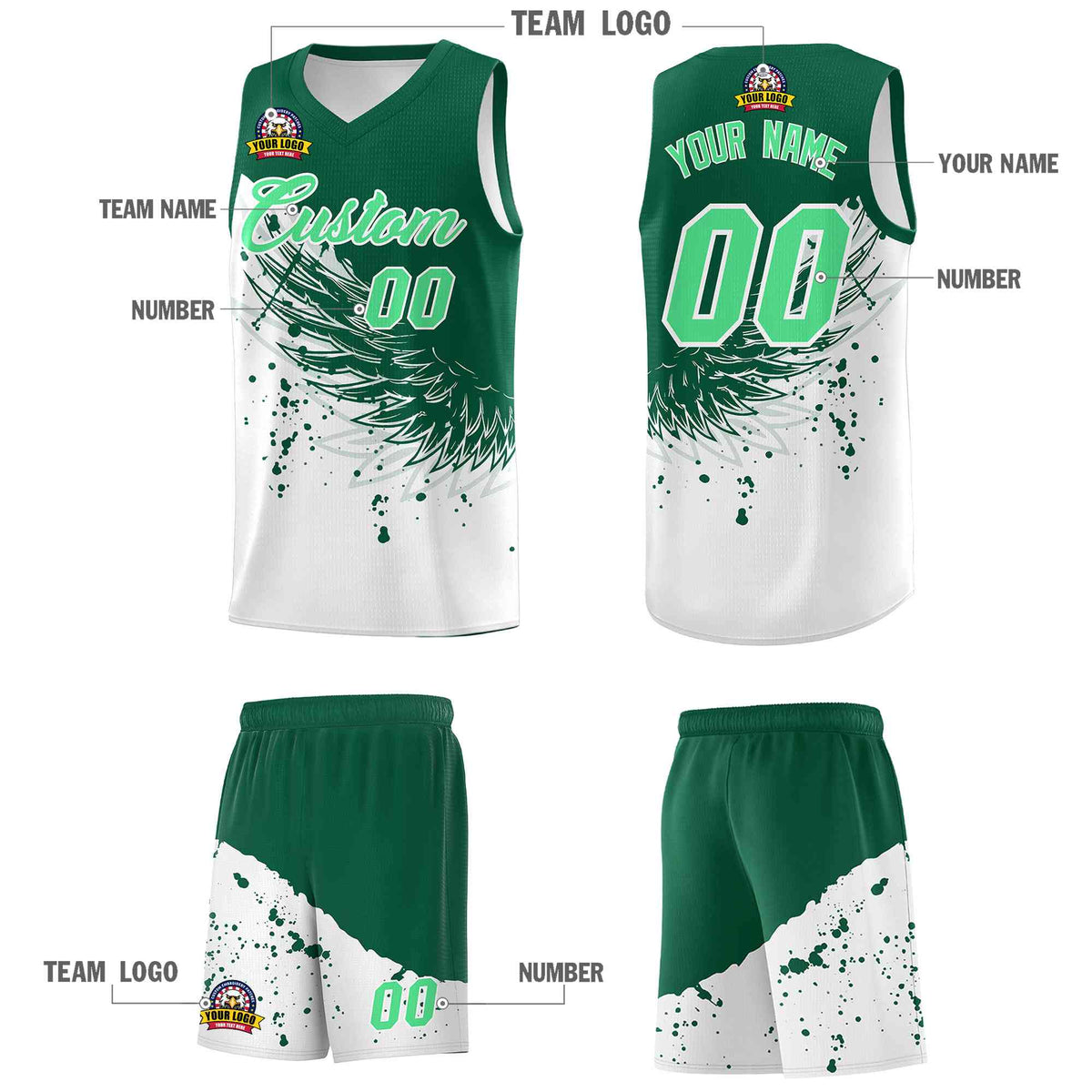 Custom White Kelly Green Wing Pattern Sports Uniform Basketball Jersey