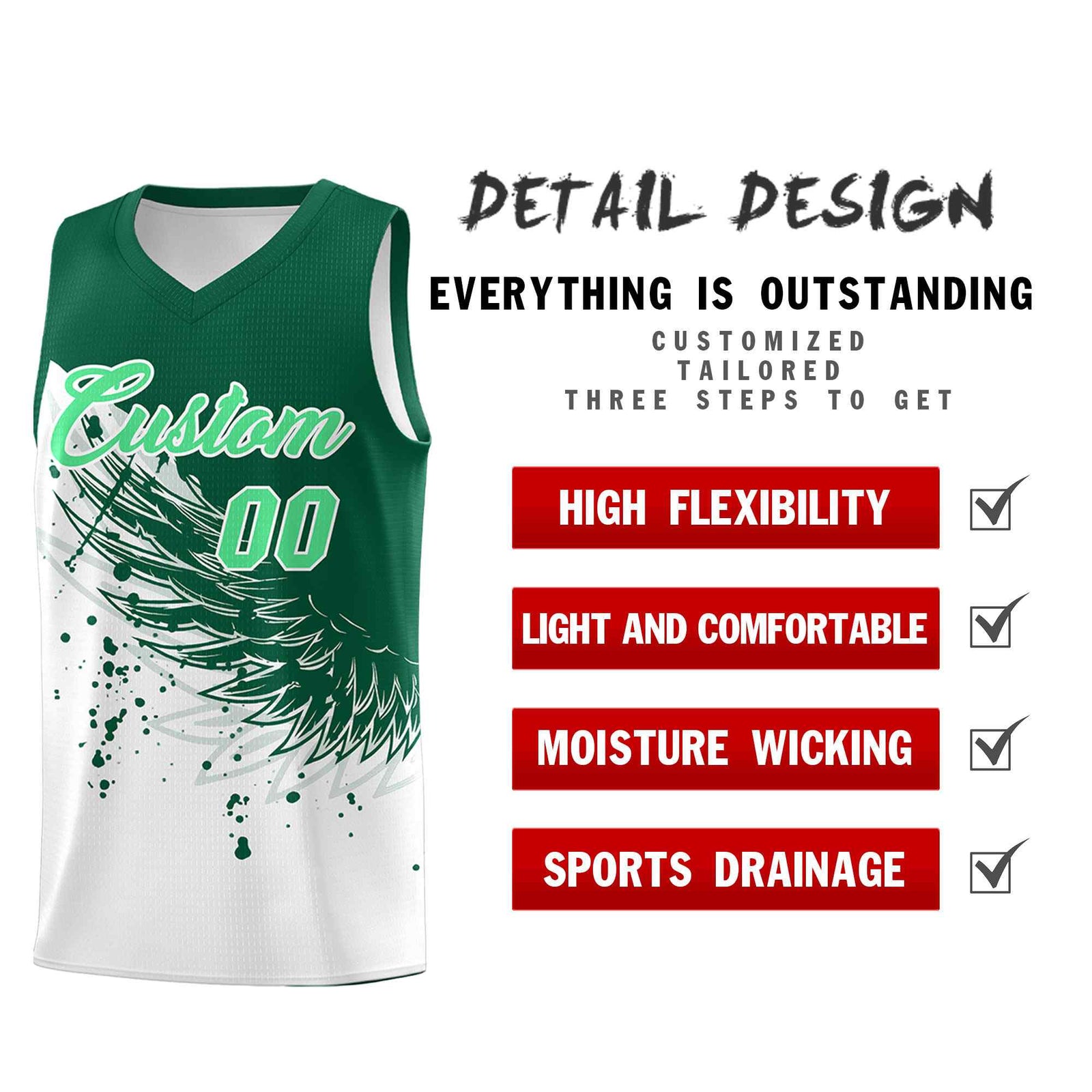 Custom White Kelly Green Wing Pattern Sports Uniform Basketball Jersey| KXKSHOP