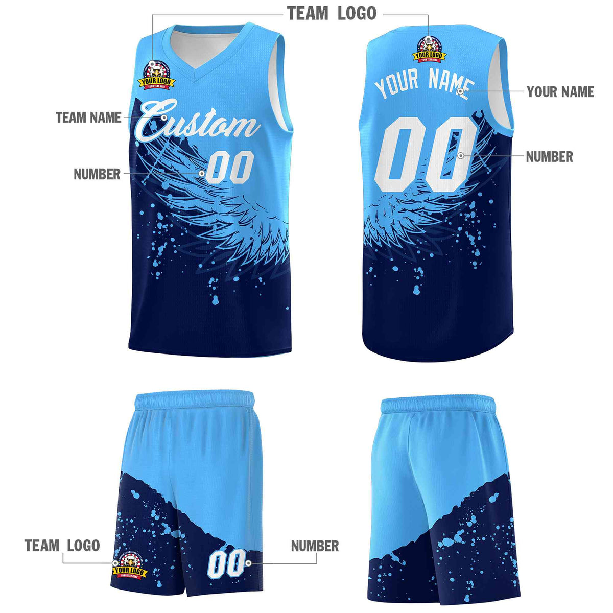 Custom Navy Powder Blue Wing Pattern Sports Uniform Basketball Jersey