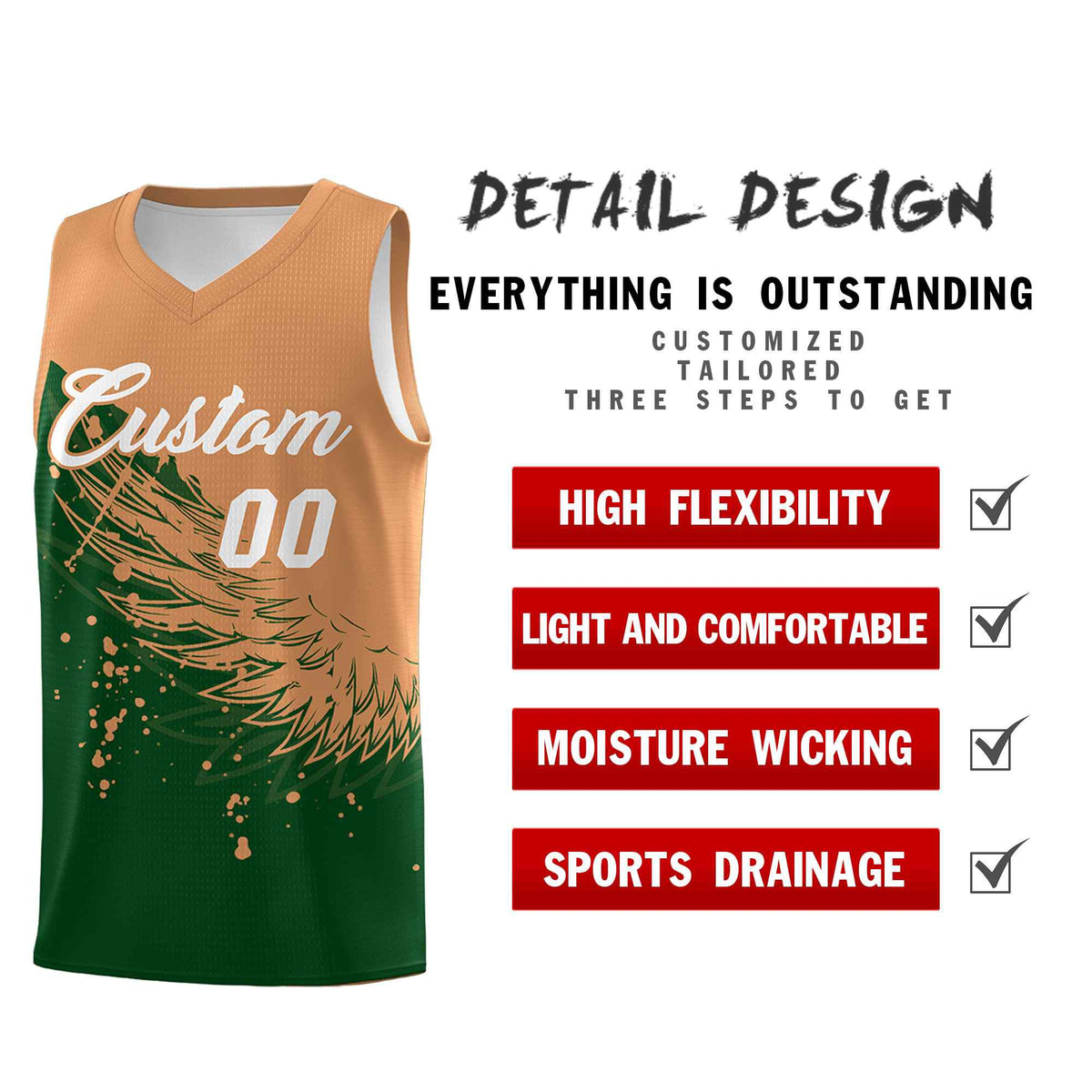 Custom Green Buckskin Brown Wing Pattern Sports Uniform Basketball Jersey| KXKSHOP