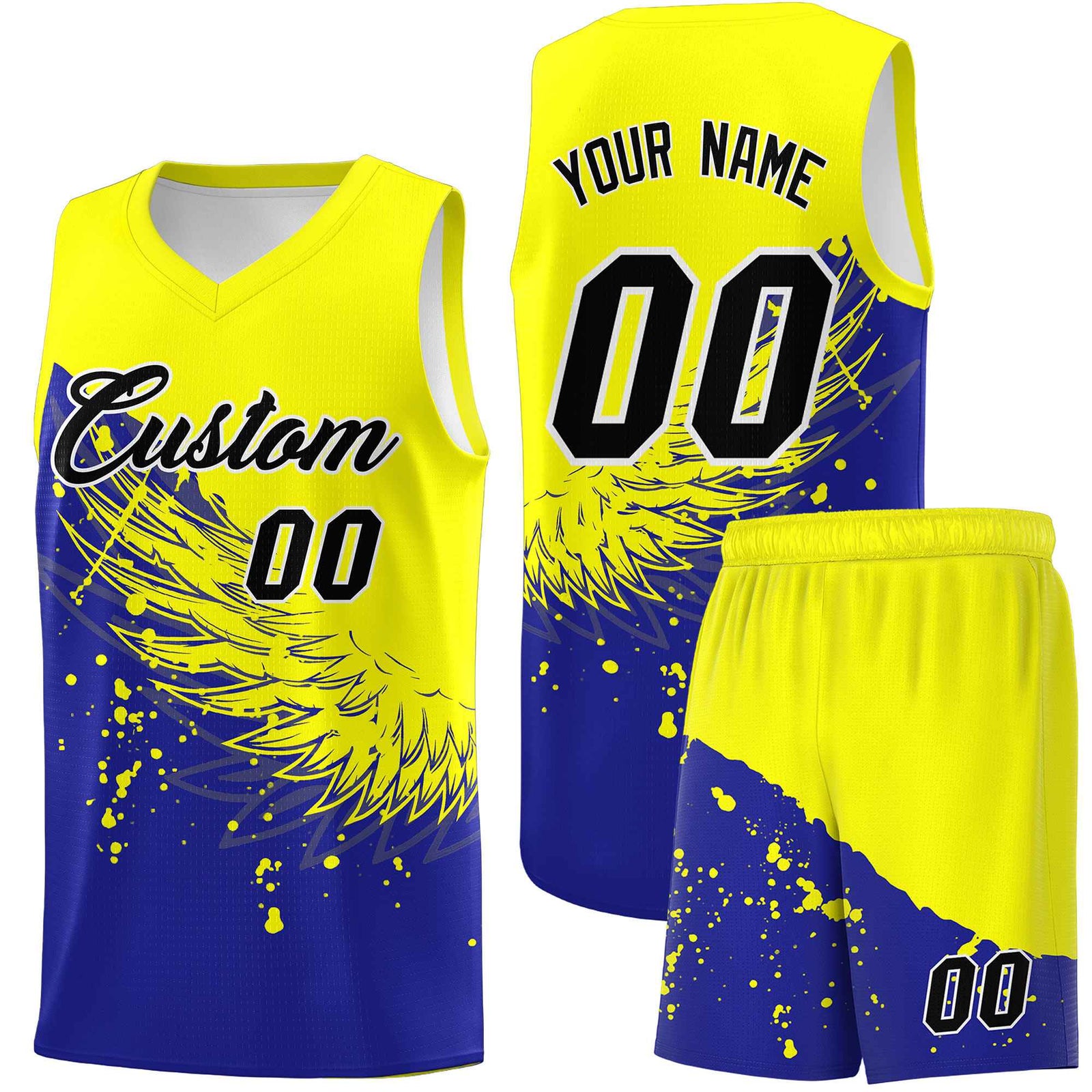Custom Royal Fluorescent Yellow Wing Pattern Sports Uniform Basketball Jersey| KXKSHOP
