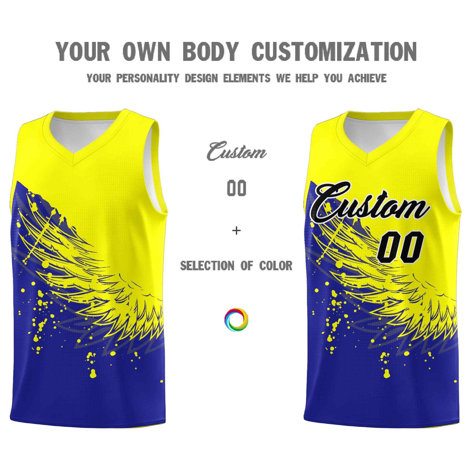 Custom Royal Fluorescent Yellow Wing Pattern Sports Uniform Basketball Jersey| KXKSHOP