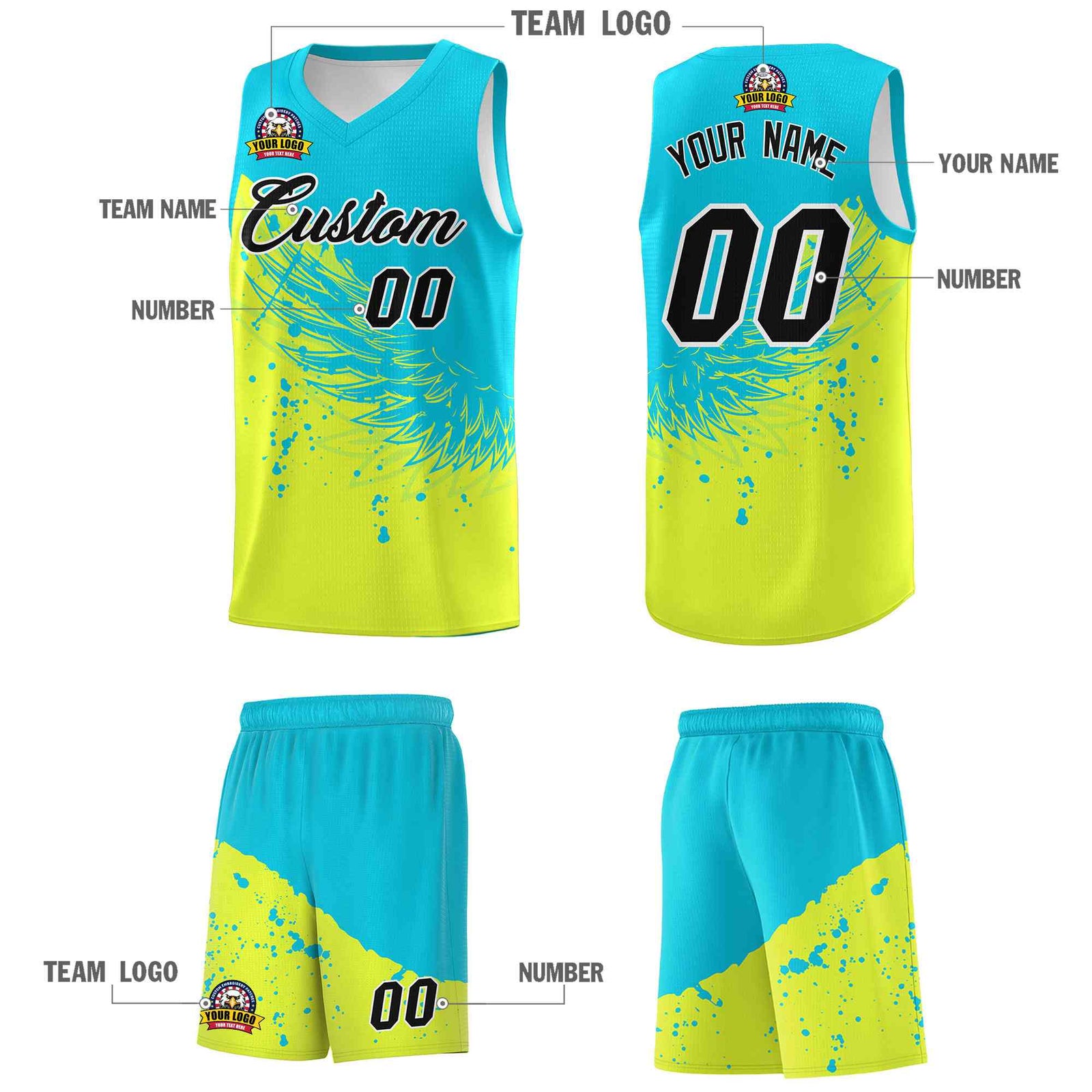 Custom Fluorescent Green Sky Blue Wing Pattern Sports Uniform Basketball Jersey