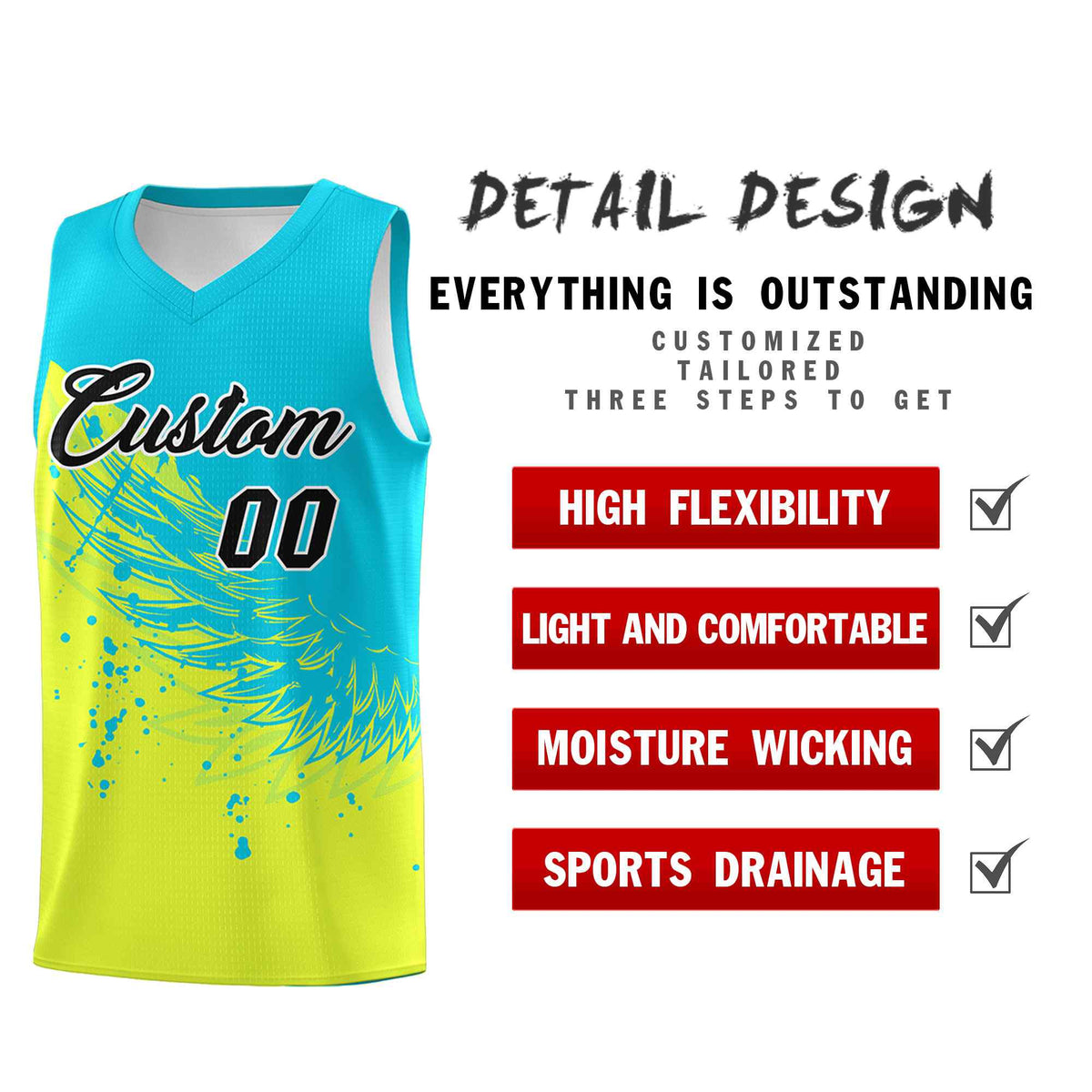 Custom Fluorescent Green Sky Blue Wing Pattern Sports Uniform Basketball Jersey| KXKSHOP