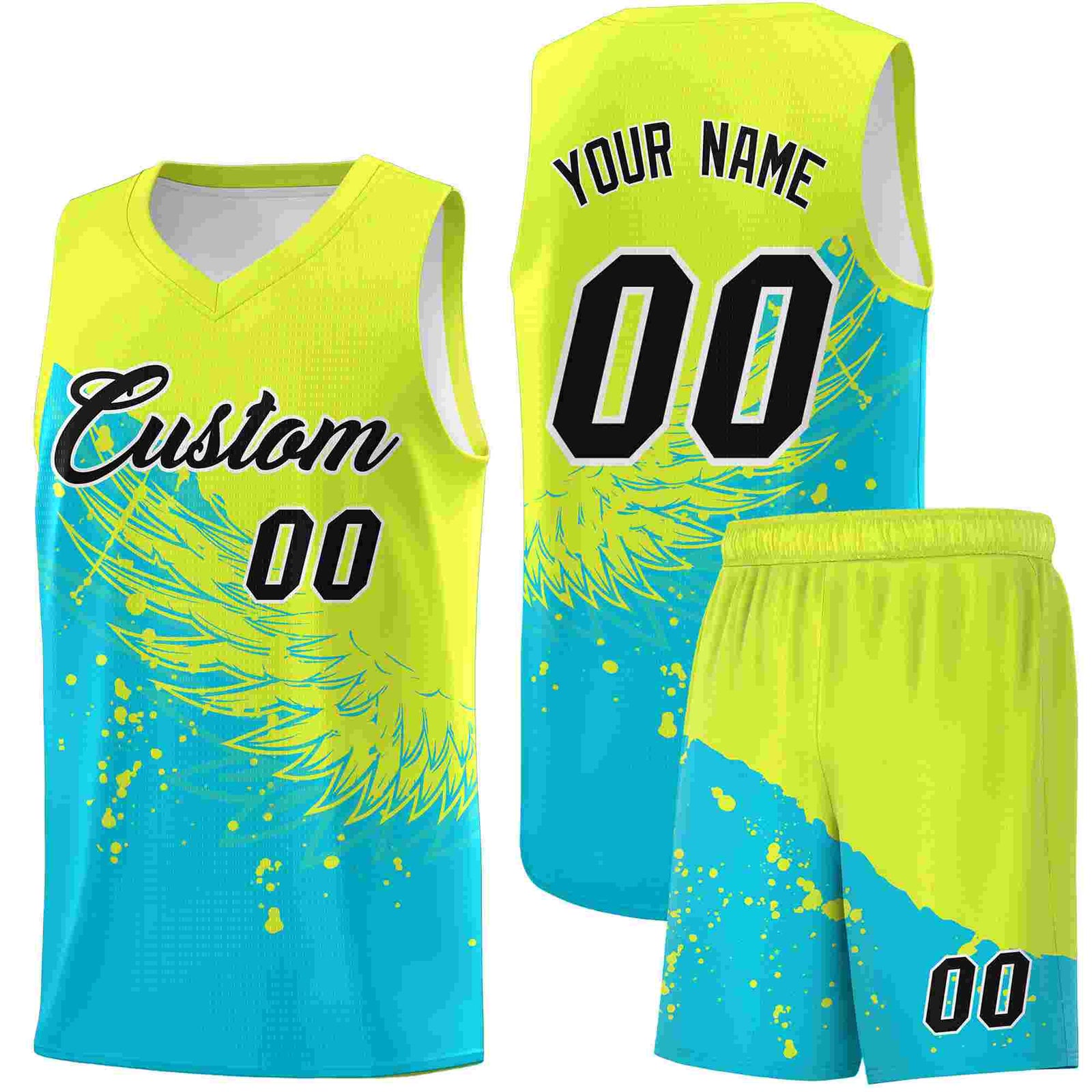 Custom Sky Blue Fluorescent Green Wing Pattern Sports Uniform Basketball Jersey| KXKSHOP