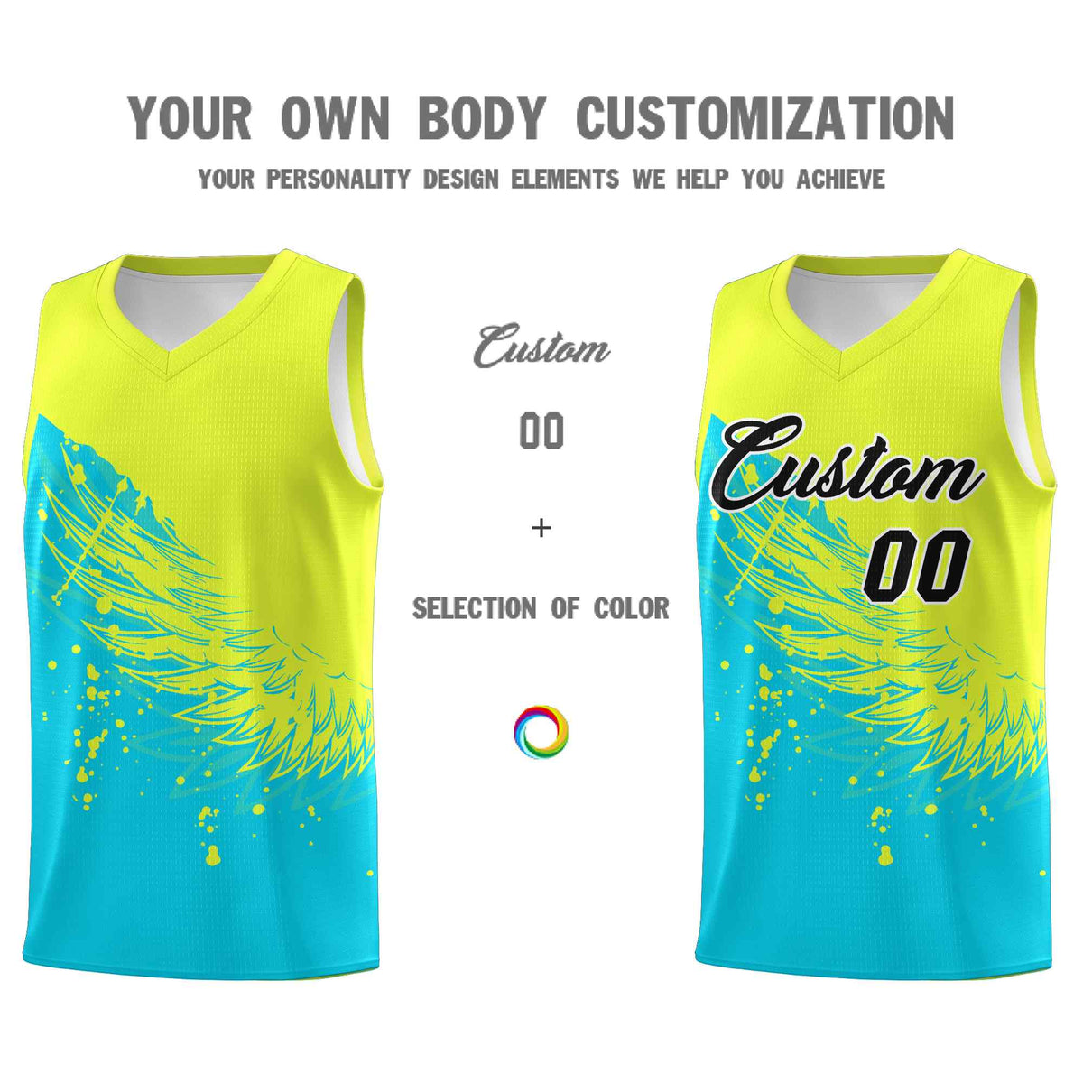 Custom Sky Blue Fluorescent Green Wing Pattern Sports Uniform Basketball Jersey| KXKSHOP