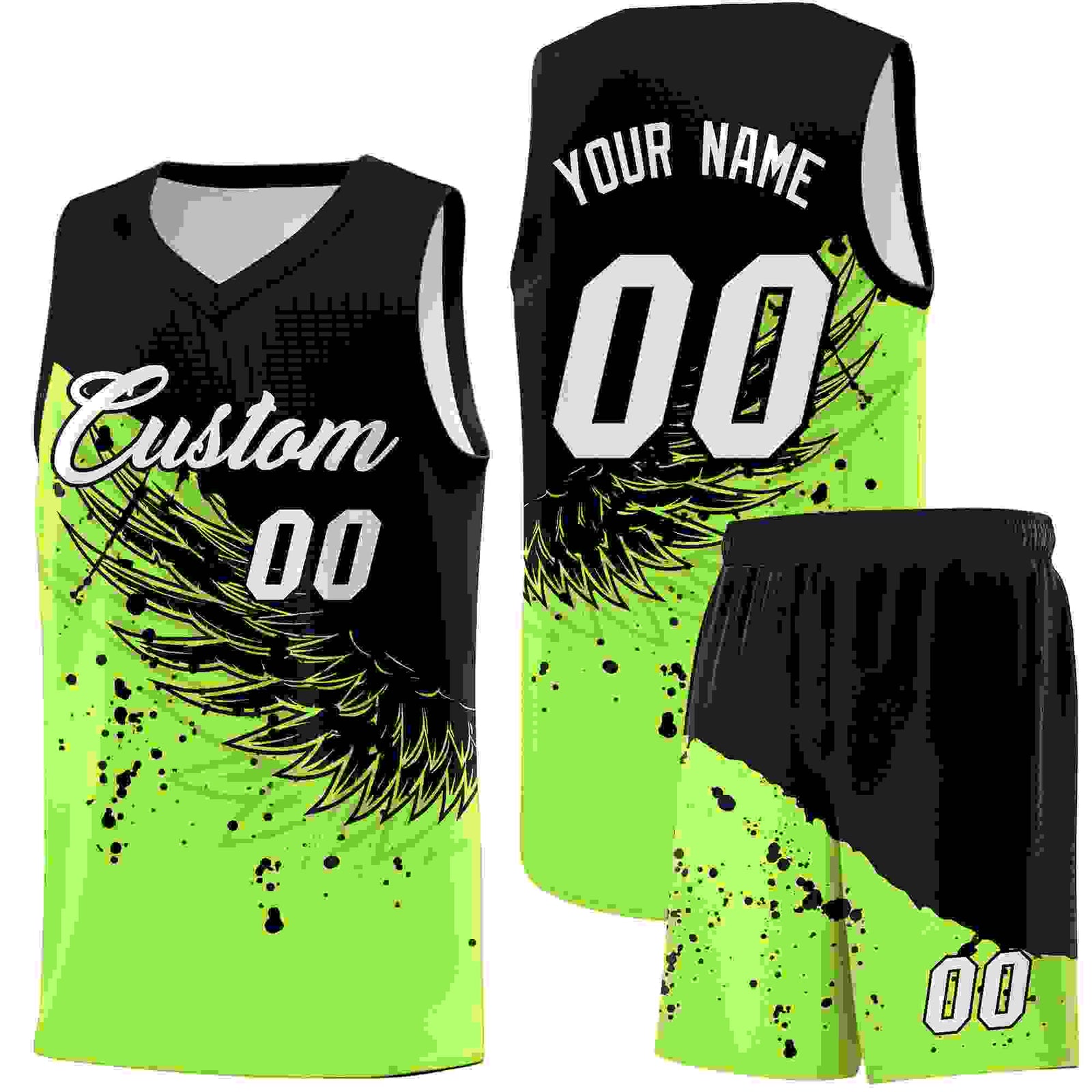 Custom Fluorescent Green Black Wing Pattern Sports Uniform Basketball Jersey| KXKSHOP