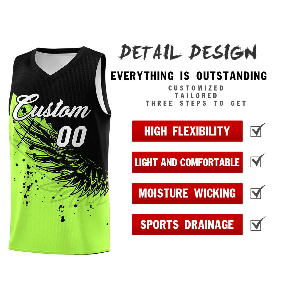 Custom Fluorescent Green Black Wing Pattern Sports Uniform Basketball Jersey| KXKSHOP