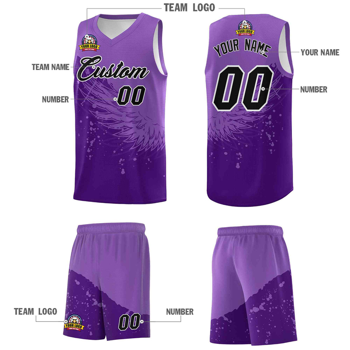 Custom Purple Light Purple Wing Pattern Sports Uniform Basketball Jersey