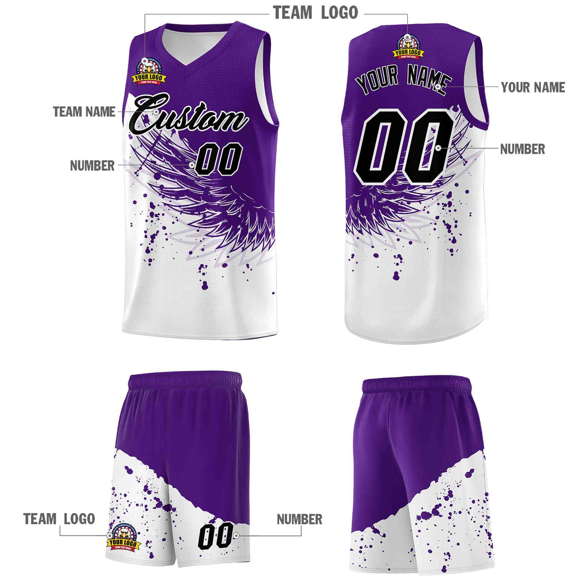 Custom White Purple Wing Pattern Sports Uniform Basketball Jersey| KXKSHOP