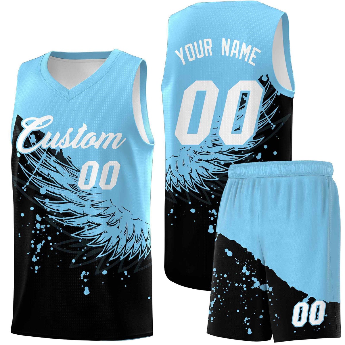 Custom Black Light Blue Wing Pattern Sports Uniform Basketball Jersey| KXKSHOP