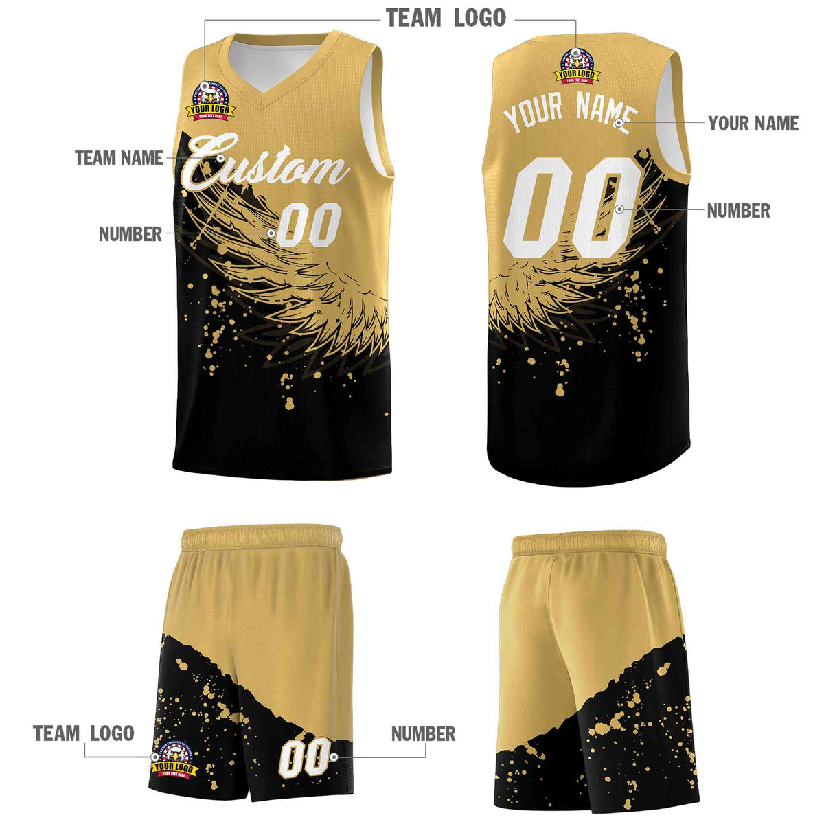 Custom Black Old Gold Wing Pattern Sports Uniform Basketball Jersey