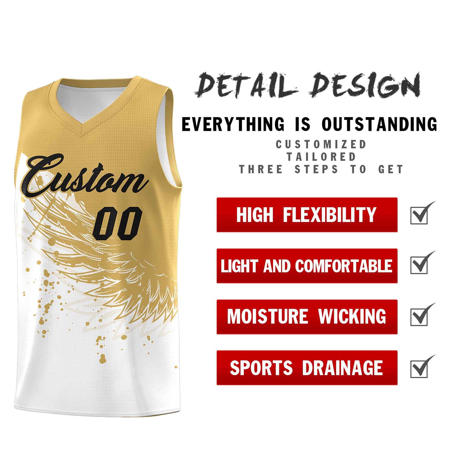 Custom White Old Gold Wing Pattern Sports Uniform Basketball Jersey| KXKSHOP
