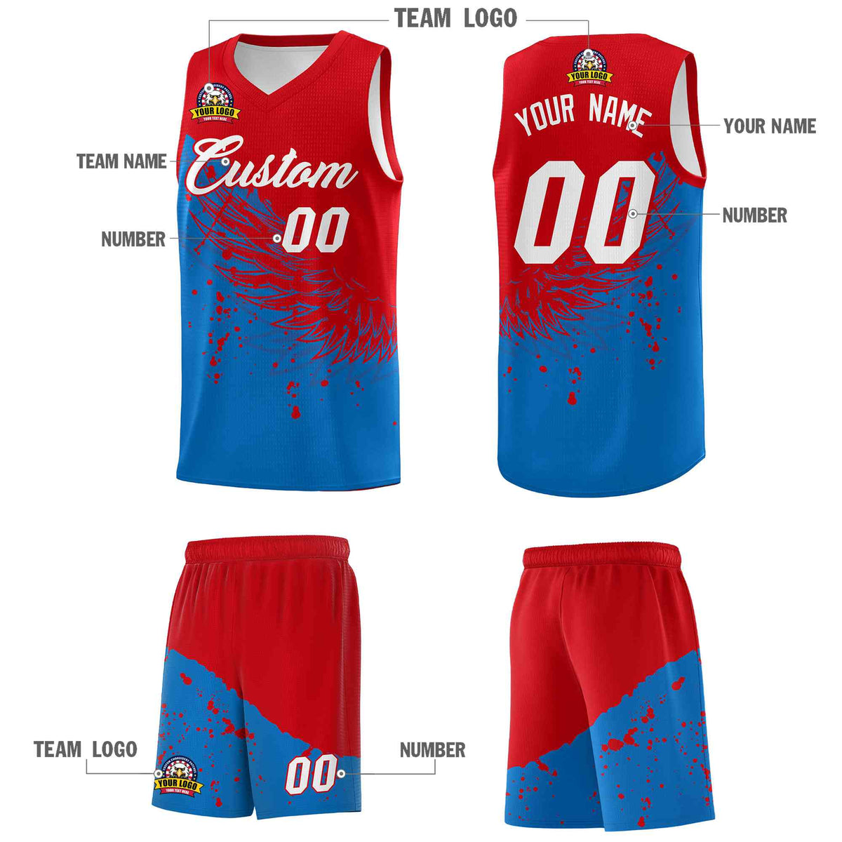 Custom Royal Red Wing Pattern Sports Uniform Basketball Jersey