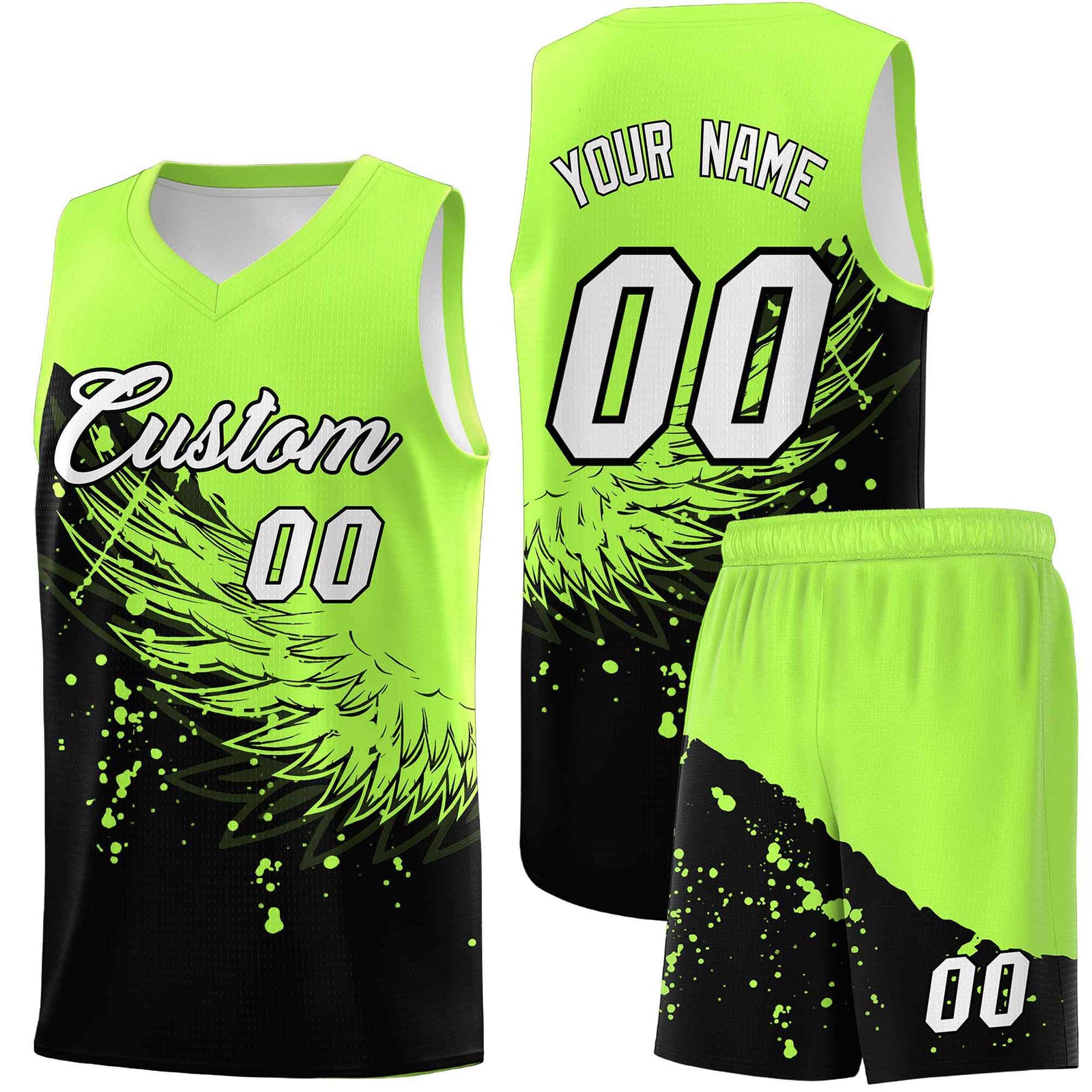 Custom Black Fluorescent Green Wing Pattern Sports Uniform Basketball Jersey| KXKSHOP