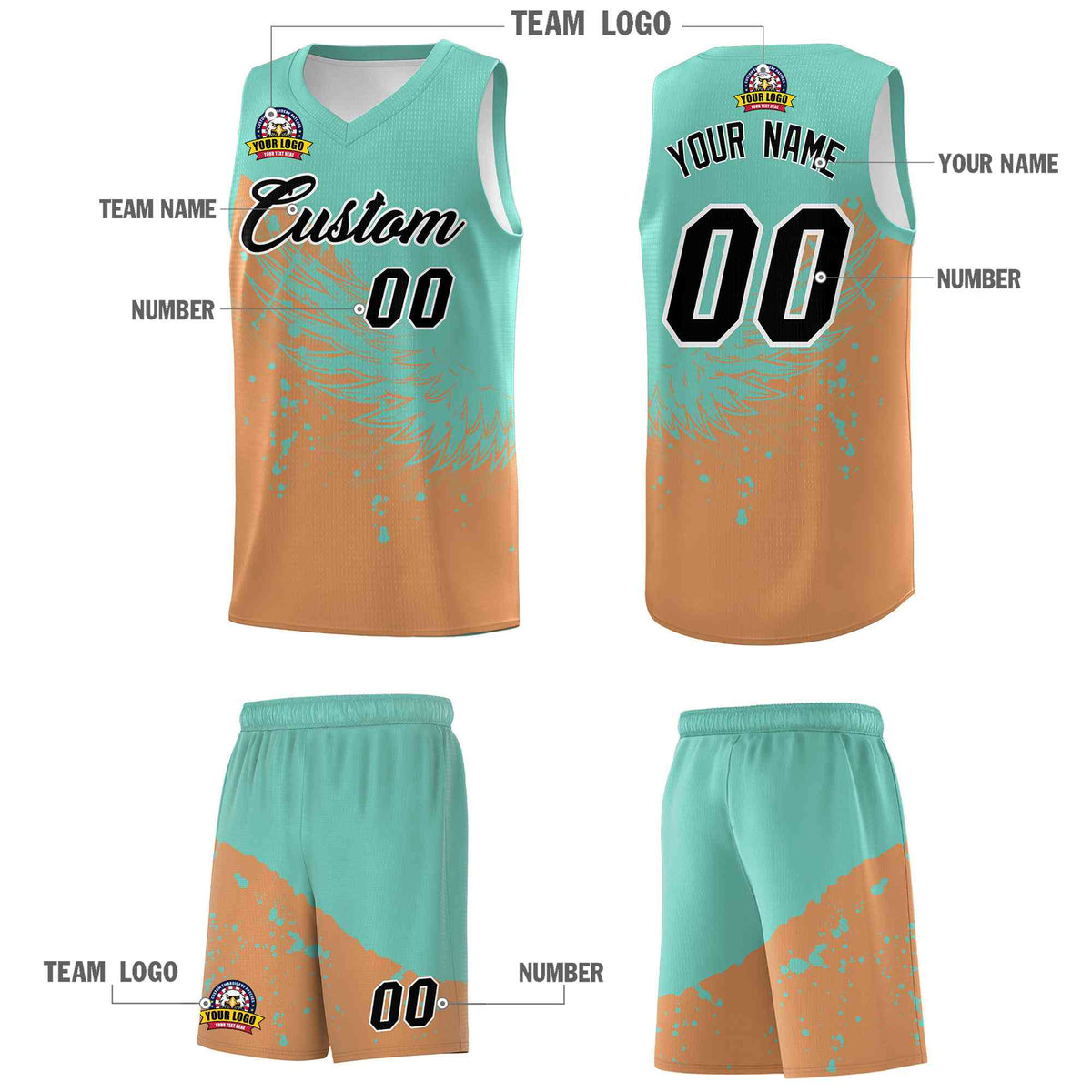 Custom Buckskin Brown Bright Green Wing Pattern Sports Uniform Basketball Jersey