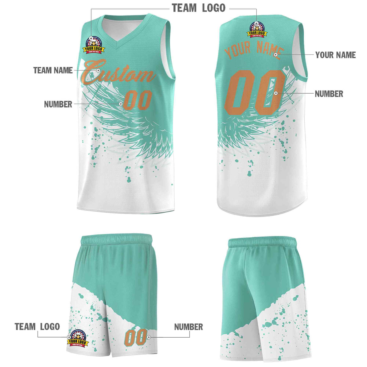 Custom White Bright Green Wing Pattern Sports Uniform Basketball Jersey