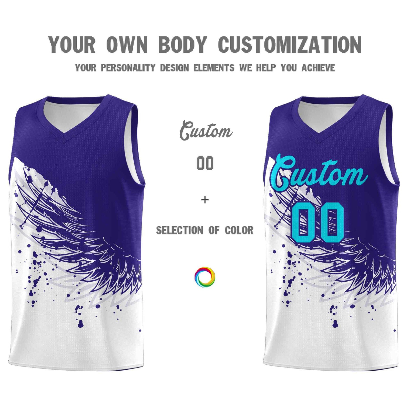 Custom White Royal Wing Pattern Sports Uniform Basketball Jersey