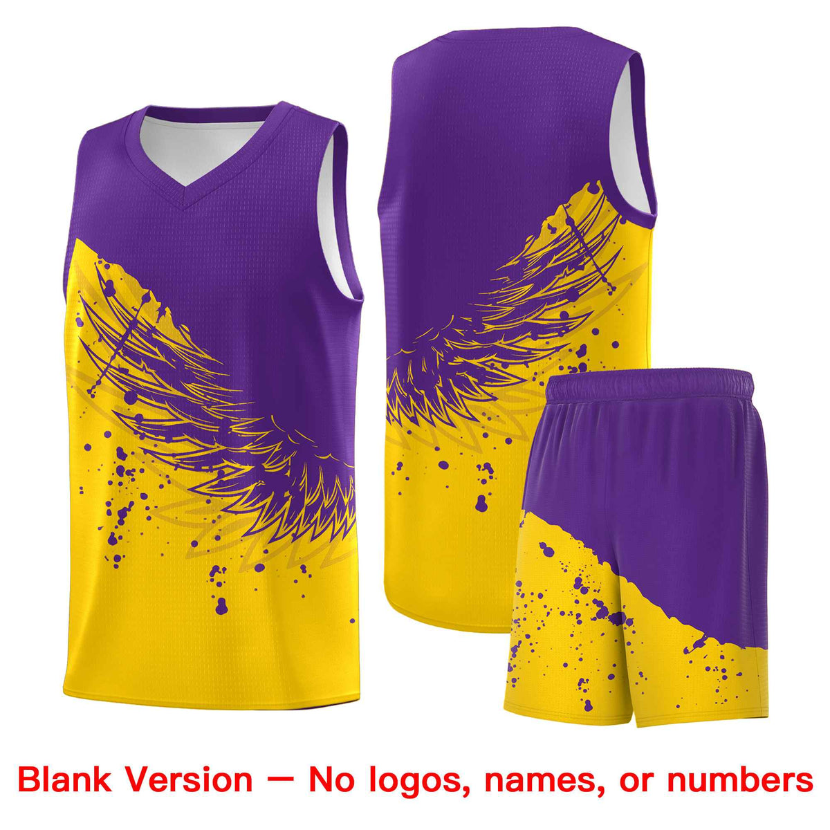 Custom Gold Purple Wing Pattern Sports Uniform Basketball Jersey