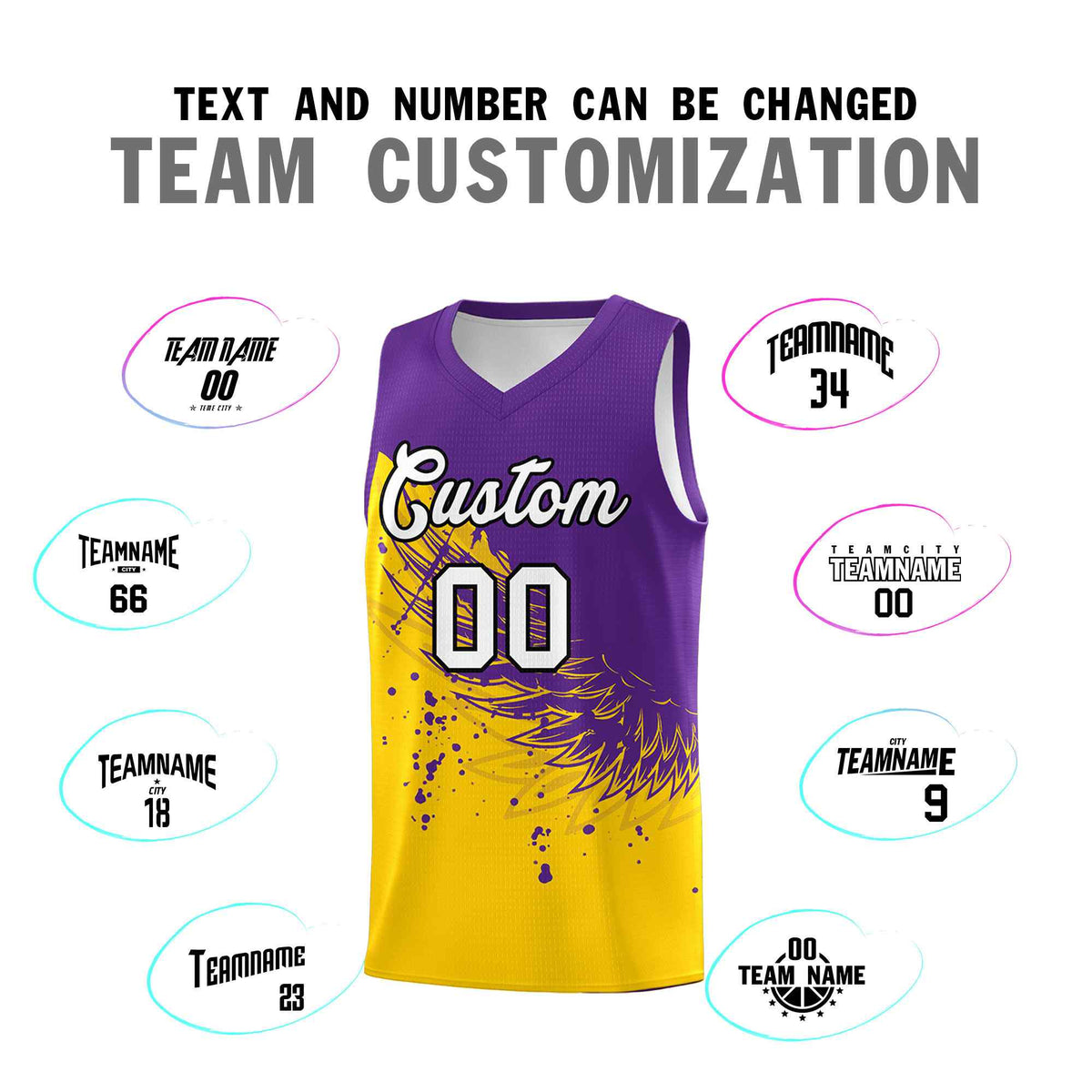 Custom Gold Purple Wing Pattern Sports Uniform Basketball Jersey