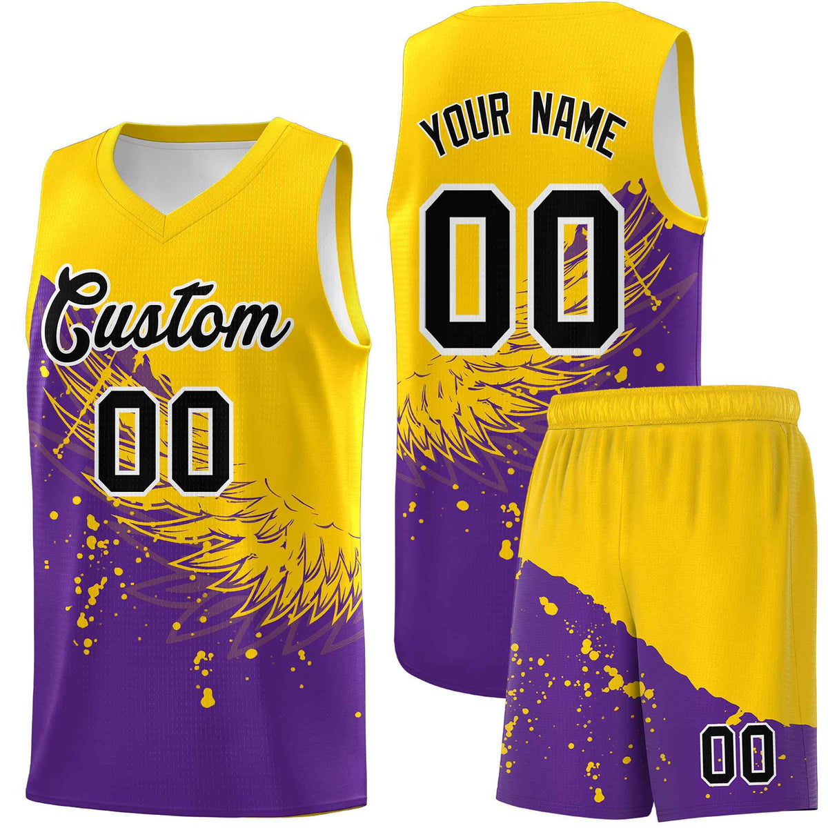 Custom Purple Gold Wing Pattern Sports Uniform Basketball Jersey