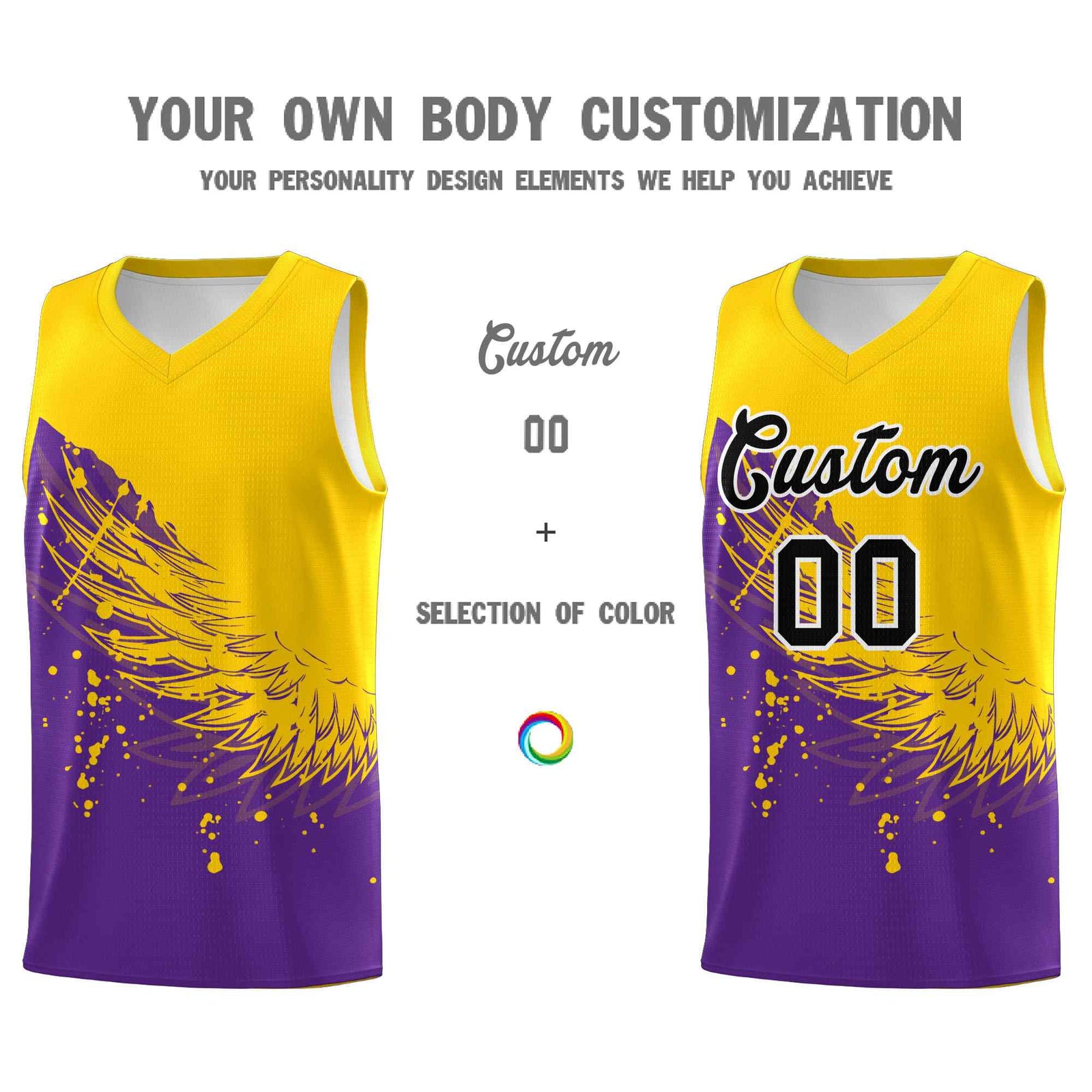 Custom Purple Gold Wing Pattern Sports Uniform Basketball Jersey