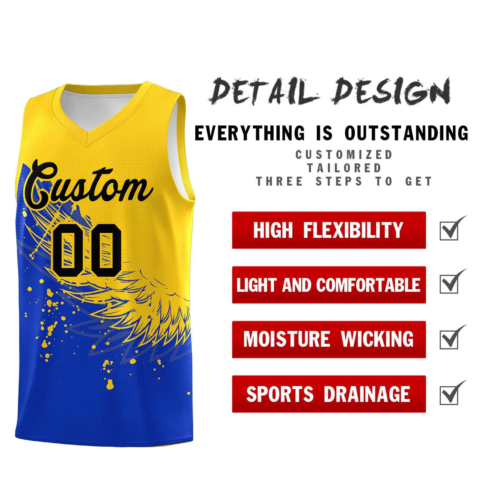 Custom Royal Gold Wing Pattern Sports Uniform Basketball Jersey