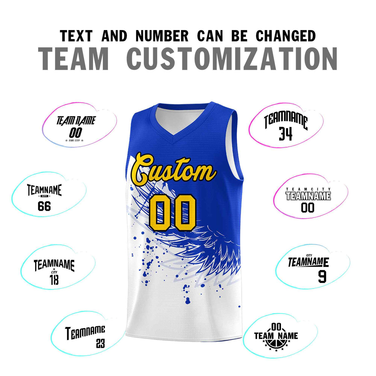 Custom White Royal Wing Pattern Sports Uniform Basketball Jersey
