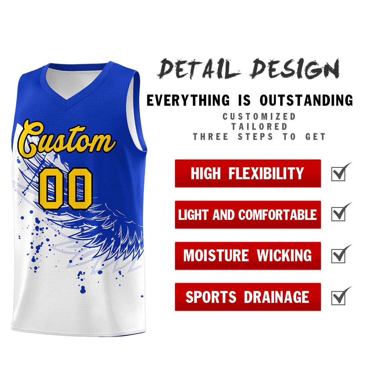 Custom White Royal Wing Pattern Sports Uniform Basketball Jersey