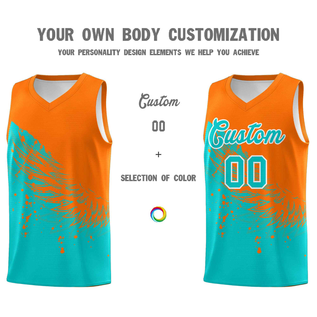 Custom Aqua Orange Wing Pattern Sports Uniform Basketball Jersey