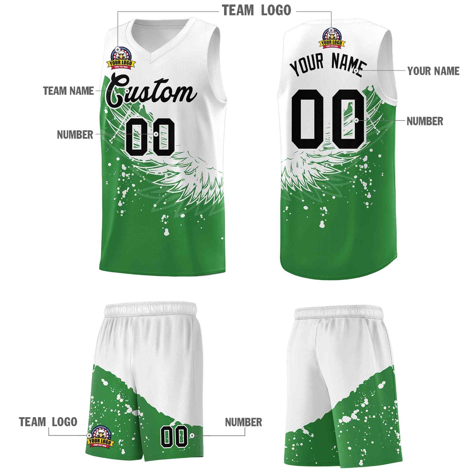 Custom Kelly Green White Wing Pattern Sports Uniform Basketball Jersey
