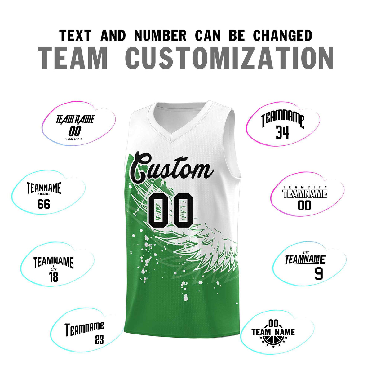 Custom Kelly Green White Wing Pattern Sports Uniform Basketball Jersey