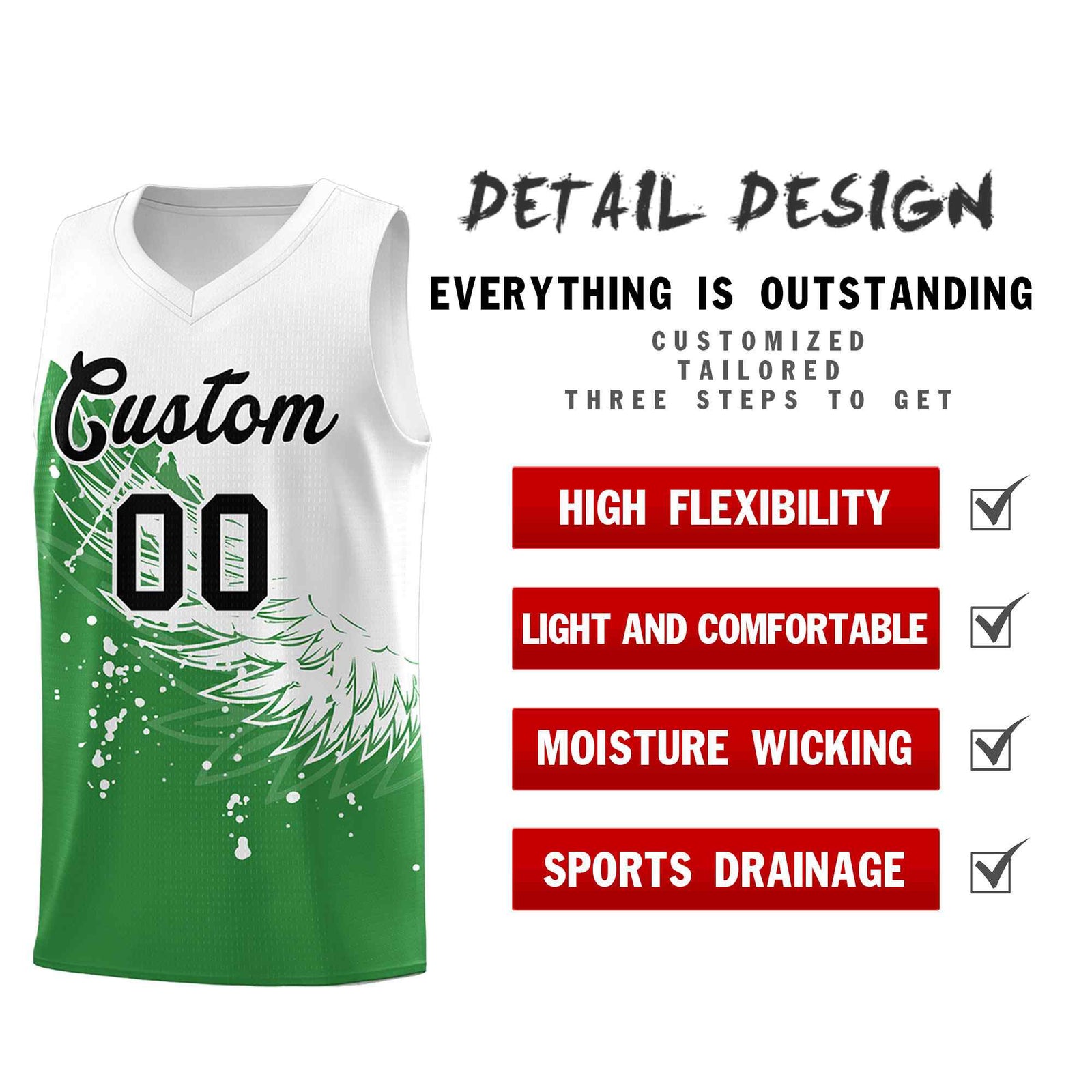 Custom Kelly Green White Wing Pattern Sports Uniform Basketball Jersey