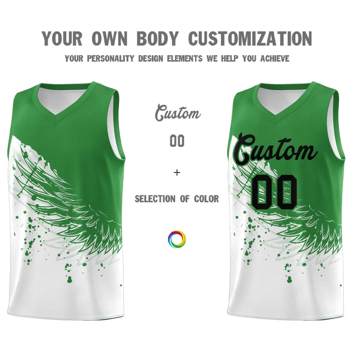 Custom White Kelly Green Wing Pattern Sports Uniform Basketball Jersey
