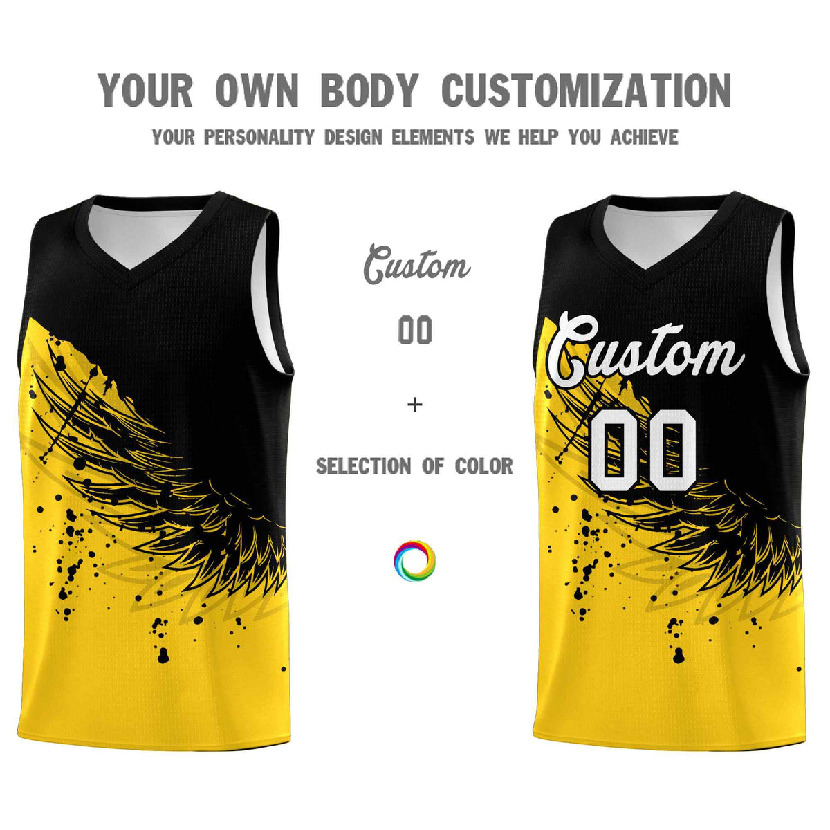 Custom Gold Black Wing Pattern Sports Uniform Basketball Jersey