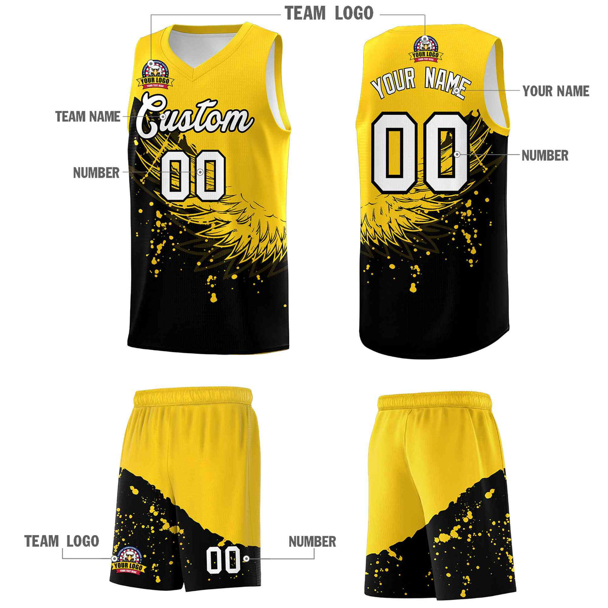 Custom Black Gold Wing Pattern Sports Uniform Basketball Jersey