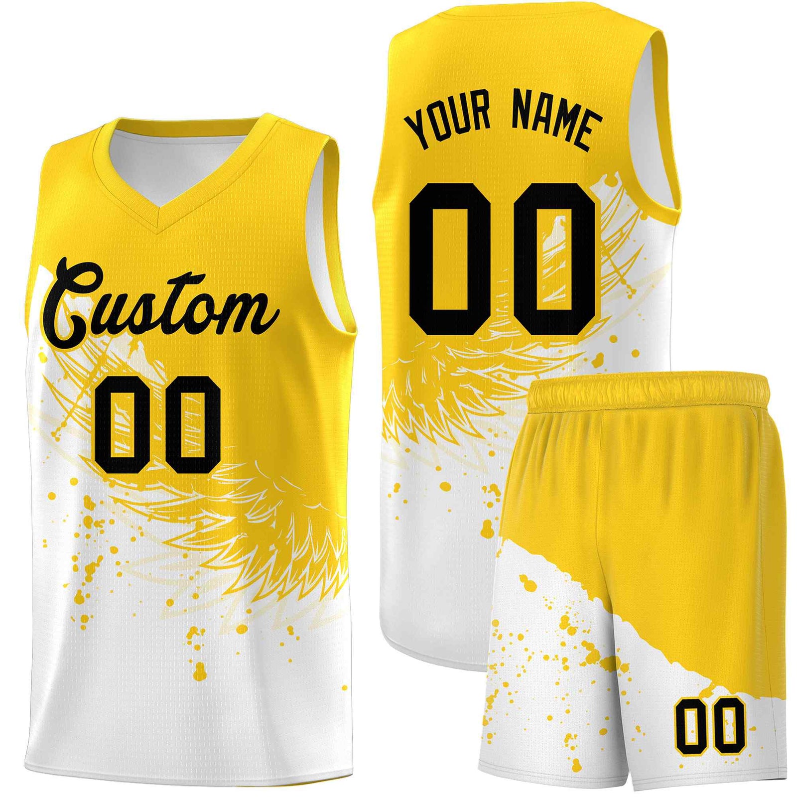 Custom White Gold Wing Pattern Sports Uniform Basketball Jersey