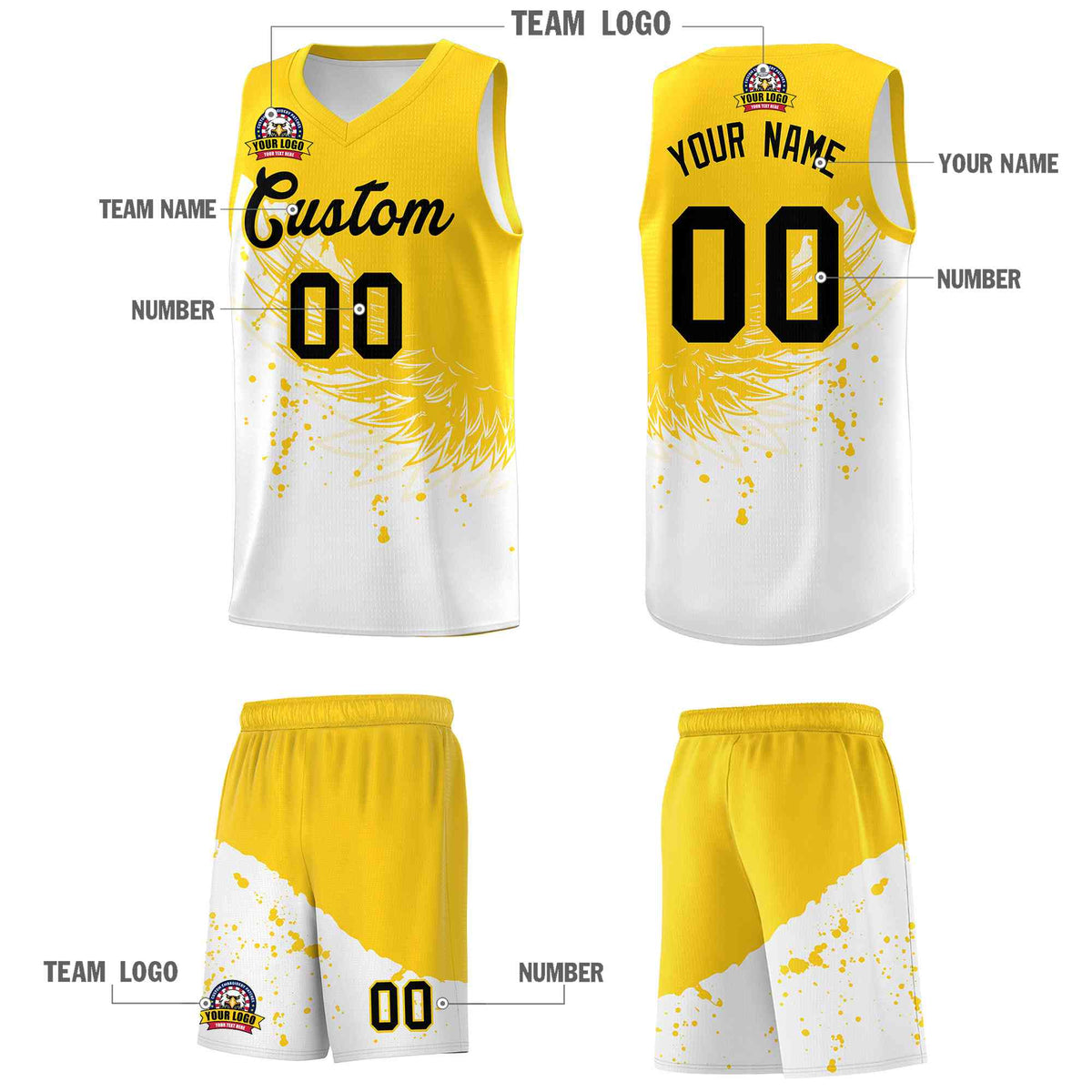 Custom White Gold Wing Pattern Sports Uniform Basketball Jersey