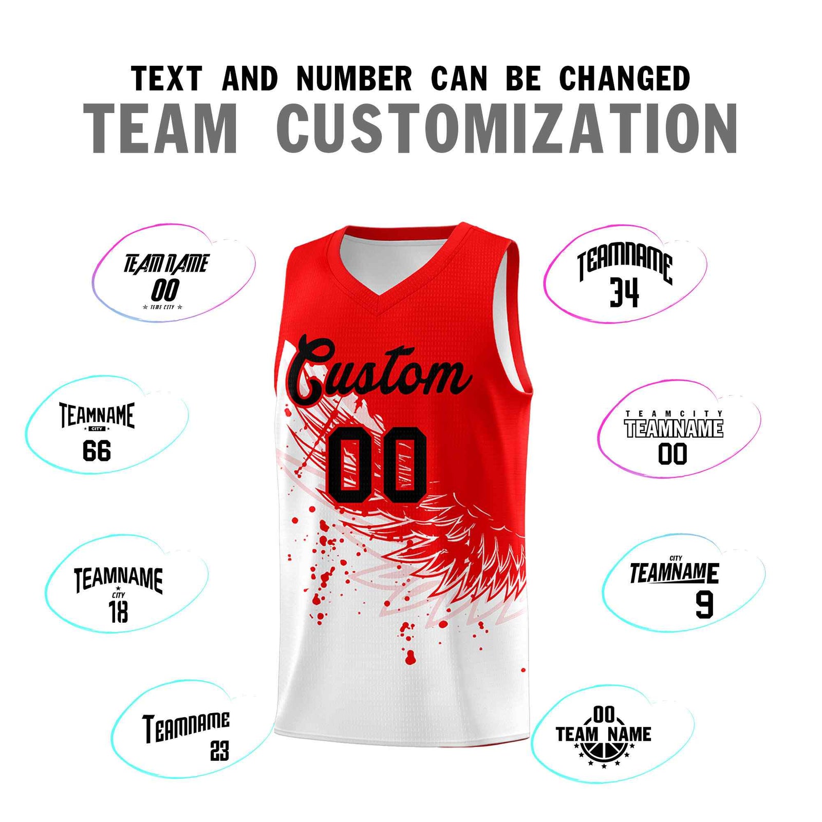 Custom White Light Red Wing Pattern Sports Uniform Basketball Jersey