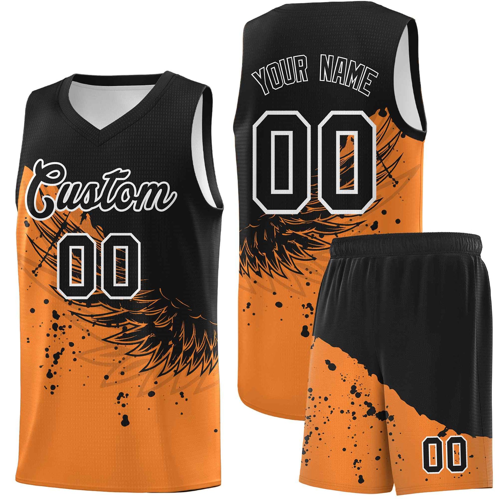 Custom Gold Orange Black Wing Pattern Sports Uniform Basketball Jersey