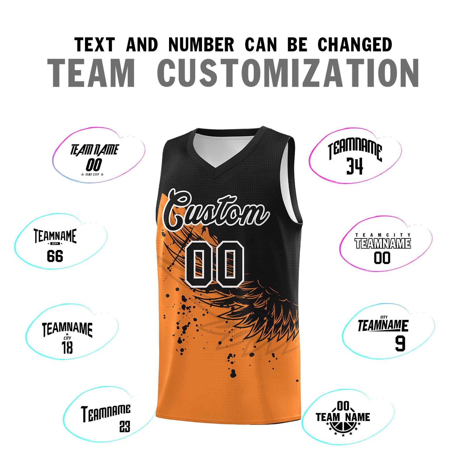 Custom Gold Orange Black Wing Pattern Sports Uniform Basketball Jersey